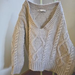 Zara Cropped Sweater Gray Cable Knit Chunky Oversized Women's Size Large